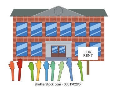 Building for rent / The building with the sign "for rent" and hands wanting to rent premises in this building