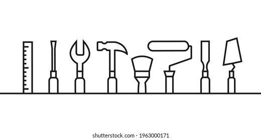 Building or repair concept with work tools in line art. Work tool icons include: measuring tape, screwdriver, wrench, hammer, paintbrush, paint roller, chisel, trowel. Header in thin linear style.