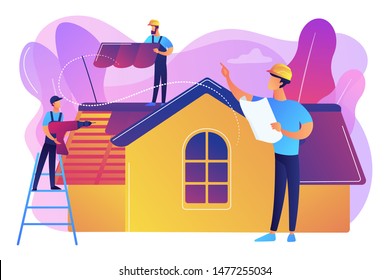 Building Repair. Housetop Renovation And Roof Reconstruction. Roofing Services, Roof Repair Support, Peak Roofing Contractors Concept. Bright Vibrant Violet Vector Isolated Illustration