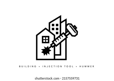 building repair logo design template. the concept design combination between the house has been disturbed, building, injection tool and hummer as head of injection tool