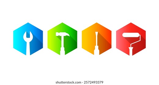 Building, repair, renovation, maintenance, facility management concept work tools as colorful icons. Logo or icon set, vector illustration isolated on white background.