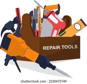 Building and repair tools icons, construction tools kit - drill, hammer, screwdriver, saw, wrench, ruler in a tool box. Flat illustration concept