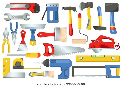 Building and repair tools set graphic elements in flat design. Bundle of hammer, paint roller, axe, tape measure, brush, wrench, pliers, screwdriver, saw and other.Vector illustration isolated objects