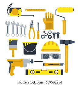 Building or repair tools, work helmet, hammer, paint gloves and other industrial vector icons set