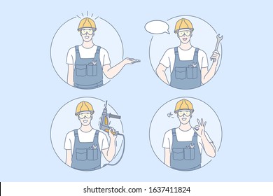 Building, repair, work set concept. Young man builder is holding drill in his hand. Happy guy with helmet shows ok sign. Boy promotes new industrial work project. Male is repairing and holds wrench.