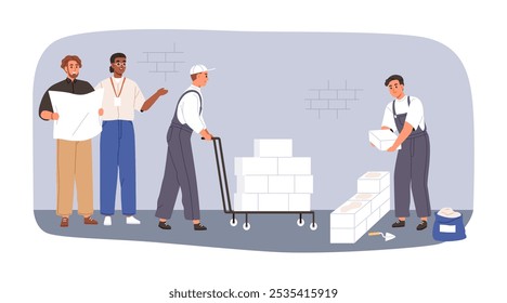 Building repairing workers at construction site. Builders, repairman team, bricklayer laying bricks, installing wall. Supervising renovation. Flat vector illustration isolated on white background