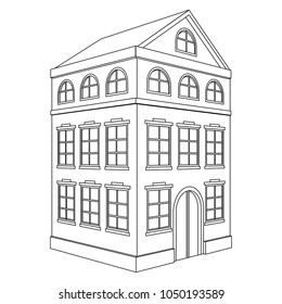 Building. Residential house, 3 floors. Outline drawing. Vector illustration isolated on white background