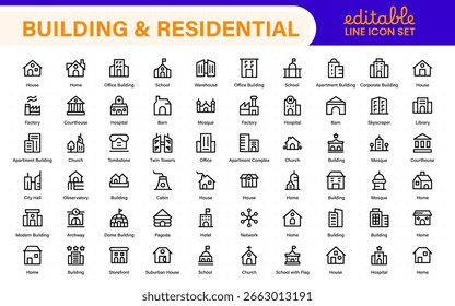 Building and residential icon set. Containing house, office, bank, school, hotel, shop, university and hospital icons. Solid icon collection. 