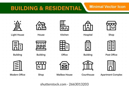 Conjunto de ícones residencial e de construção. Contendo ícones de casa, escritório, banco, escola, hotel, loja, universidade e hospital. Coleção de ícones do Solid. 