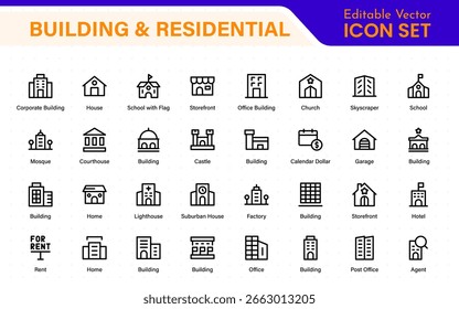 Conjunto de ícones residencial e de construção. Contendo ícones de casa, escritório, banco, escola, hotel, loja, universidade e hospital. Coleção de ícones do Solid. 
