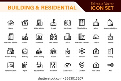 Building and residential icon set. Containing house, office, bank, school, hotel, shop, university and hospital icons. Solid icon collection. 