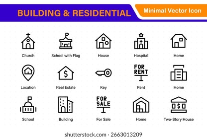 Building and residential icon set. Containing house, office, bank, school, hotel, shop, university and hospital icons. Solid icon collection. 
