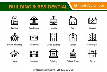 Building and residential icon set. Containing house, office, bank, school, hotel, shop, university and hospital icons. Solid icon collection. 