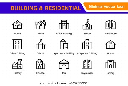 Building and residential icon set. Containing house, office, bank, school, hotel, shop, university and hospital icons. Solid icon collection. 