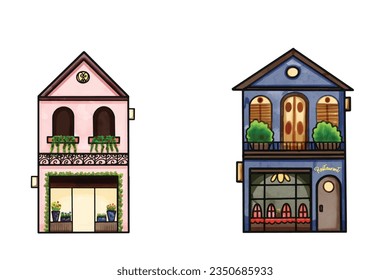 Building restaurant and Flower Shop watercolor, high quality