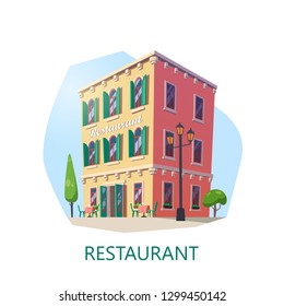 Building of restaurant at isometric view. Eatery construction or eating house. Saloon structure or buffet facade, brasserie or cafe. Shop or store for food and drink at lunch, dinner. Architecture