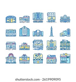 Building Restaurant Store doodle icons set vector. Warehouse Construction Office Skyscraper, Cinema Gift Shop Building, Gas Petroleum Station Tower sketch hand drawn