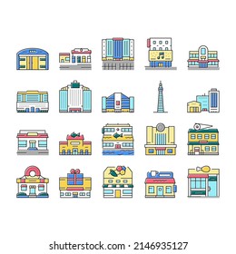 Building Restaurant And Store Icons Set Vector. Warehouse Construction And Office Skyscraper, Cinema And Gift Shop Building, Gas Petroleum Station And Tower Line. Color Illustrations