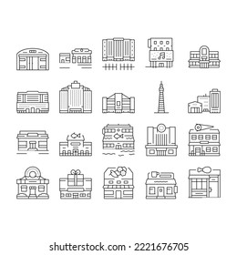 Construyendo El Vector De Iconos De Restaurante Y Tienda. Construcción De Almacenes Y Rascacielos De Oficinas, Edificio De Tiendas De Cine Y Regalos, Estación De Petróleo De Gas E Ilustraciones De Contornos De Torre Negra