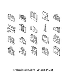 Building Restaurant And Store isometric icons set. Warehouse Construction And Office Skyscraper, Cinema And Gift Shop Building, Gas Petroleum Station And Tower Line. Color .