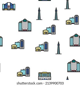 Building Restaurant And Store Vector Seamless Pattern Thin Line Illustration