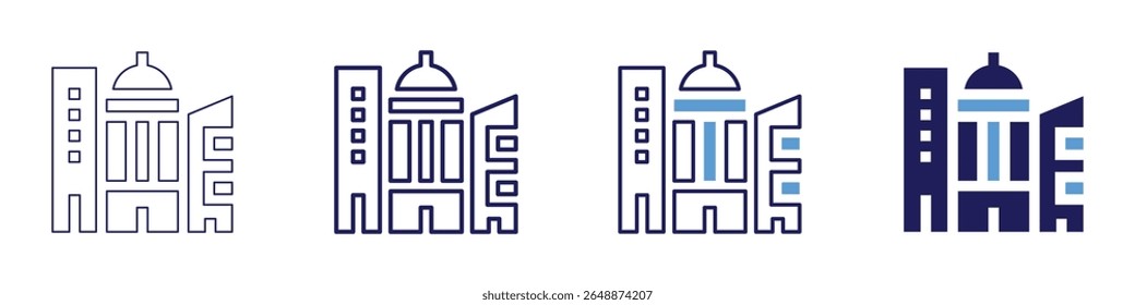 Icono de restauración de edificios en 4 estilos diferentes. Línea delgada, línea, línea en negrita, duotono. Estilo duotono. Trazo editable.