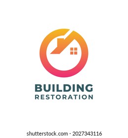 Building Restoration Logo Template Design. Home recovery logo from damage with circular arrow.