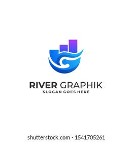 Building With River and Circle Concept. Illustration Vector Template. Abstract design concept for ecology theme, real estate agency, building company, urban landscape, city life.