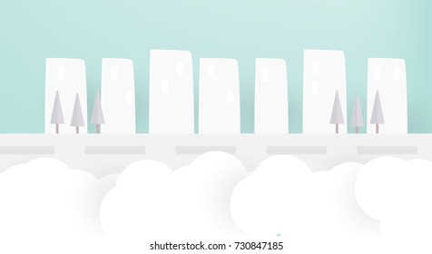 Building with road on the cloud. City scene and nature on blue background.