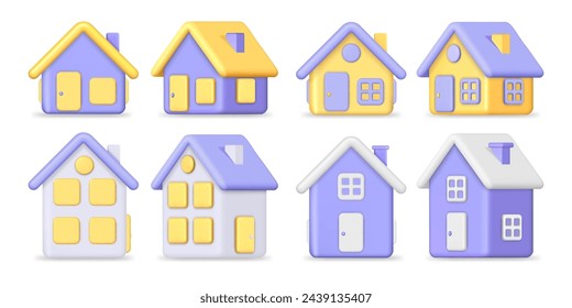 Building with roof and chimney, walls and entrance, windows and facade. Vector isolated 3d home icons. Housing or hotel, real estate buying or mortgage concept. Minimalist architecture button