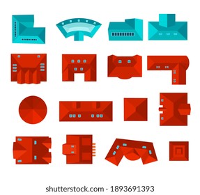 Building roof top view set. Isolated city house roof design icons. Home architecture construction elements vector illustration