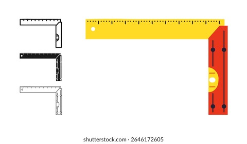 Building ruler angle building tools set cartoon sign. Length measurement tool. Building corner angle, precise centimeter instrument, metric equipment. Professional repair work construction vector
