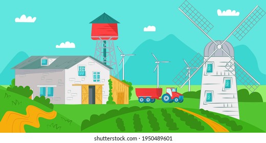 Building at rural nature, countryside farm landscape vector illustration. Cartoon village with green summer field land, agriculture meadow.