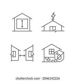 Bau eines sicheren Hauses Linearsymbole Set. Mindesthöhen der Höchstgrenze. Blitzstab. Dämmerschutz. Anpassbare Dünnlinienkontursymbole. Einzige Vektorgrafik-Rahmenillustrationen. Bearbeitbarer Hub