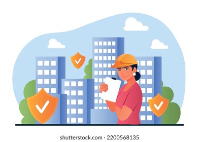 Building safety concept. Young girl with helmet on background of skyscrapers. Construction and architecture. Checking quality of houses, commission. Poster or banner. Cartoon flat vector illustration