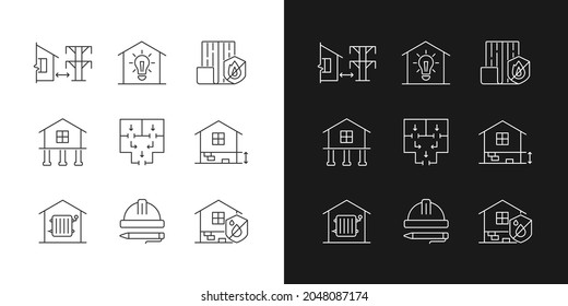 Building safety regulations linear icons set for dark and light mode. Adequate housing. Resistance to fire. Customizable thin line symbols. Isolated vector outline illustrations. Editable stroke