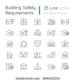 Building Safety Requirements Linear Icons Set. Remodeling House. Standards For Buildings Design. Customizable Thin Line Contour Symbols. Isolated Vector Outline Illustrations. Editable Stroke