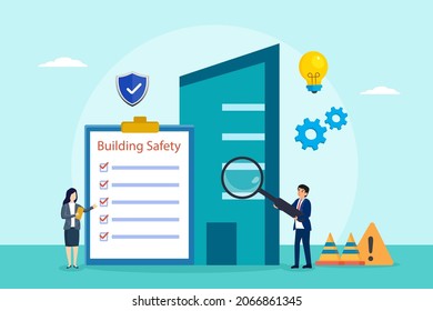 Building safety vector concept. Two business people using a magnifier to checking building while standing with building safety document