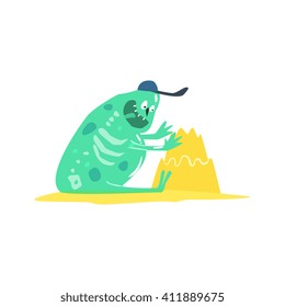 Building Sand Castle Monster On The Beach Childish Funny Flat Vector Illustration Isolated On White Background
