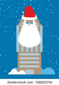 Building of Santa Claus. Skyscraper with beard and mustache. Christmas House. Office  with festive attire. Buildings prepared for new year