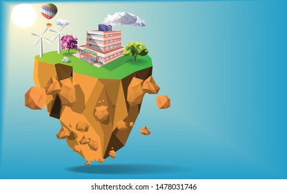 Building saving energy ecology with green nature environment background concept,island with sunrise blue sky background,low poly and polygon design modeling,vector art and illustration.