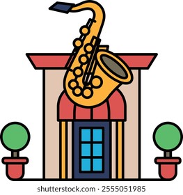 A building with a saxophone on top of it. The building is red and white. The saxophone is yellow and black