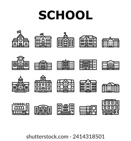 Gebäude Außenfassade moderne Symbole setzen Vektorgrafik. Fassadenkind, öffentliche Hoch-, Campus-Ziegelsteine, Studentenbildung, Universität, Außengebäude, äußere schwarze Kontur-Illustrationen