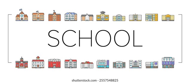 building school exterior modern icons set vector. facade kid, public high, campus brick, student education, college, outside building school exterior modern color line illustrations