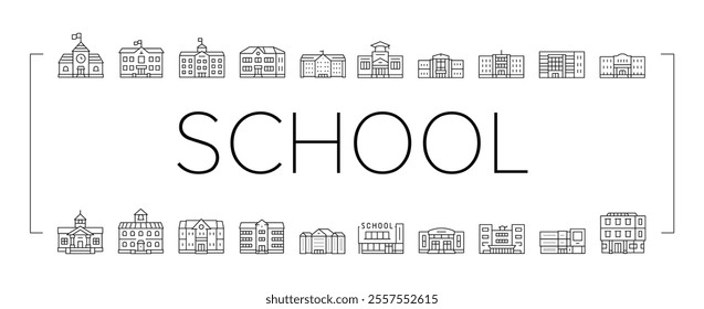 building school exterior modern icons set vector. facade kid, public high, campus brick, student education, college, outside building school exterior modern black contour illustrations