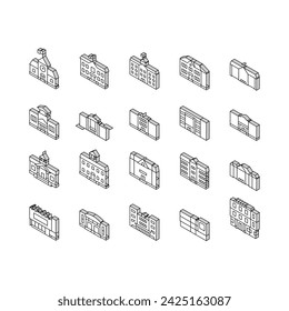 building school exterior modern isometric icons set. facade kid, public high, campus brick, student education, college, outside building school exterior modern color line