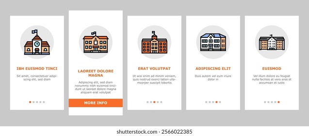 building school exterior modern onboarding mobile vector facade kid, public high, campus brick, student education, college, outside building school exterior modern illustrations