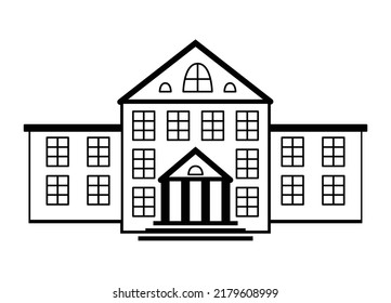 The building of a school or other educational institution. Facade of an architectural structure. Black and white illustration in geometric flat style. Entrance to the building with columns.