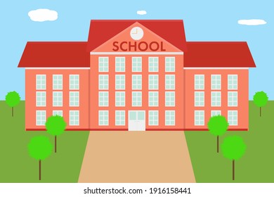 Building school with trees. Flat design. Education of children. Stock vector illustration.