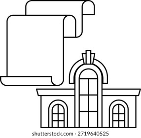 A building with a scroll on top of it. The scroll is white and the building is black